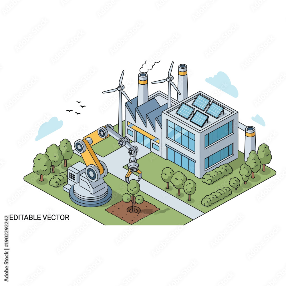 Fototapeta premium Isometric view of a modern factory with robotic arm and solar panels, showcasing industrial automation and renewable energy