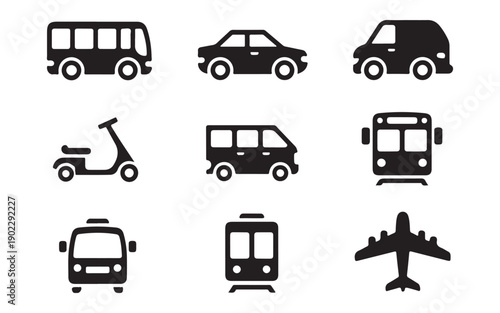 Set of transport icons, including a bus, car, van, scooter, tram, and airplane, depicting various modes of transportation