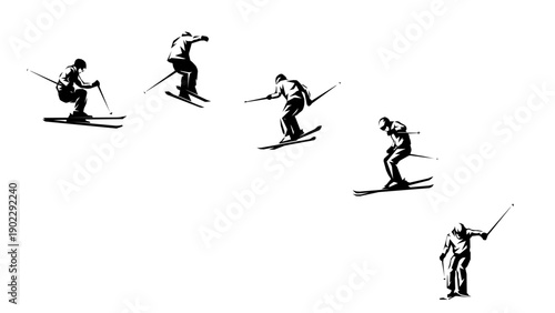 Geometric polygonal silhouette sequence of a skier jumping. Abstract vector illustration.
