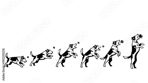 Geometric polygonal silhouette sequence of a dog catching a ball. Abstract vector illustration.

