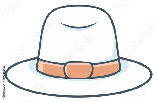 Simple cartoon illustration of a classic white hat with a wide brim and brown band