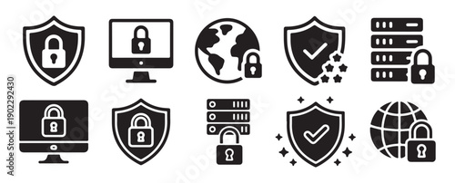 Global network security and server protection icons, world web safety set. vector illustration eps 10
