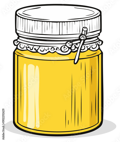 Illustration of a charming jar of golden honey with a dipper and decorative white lid