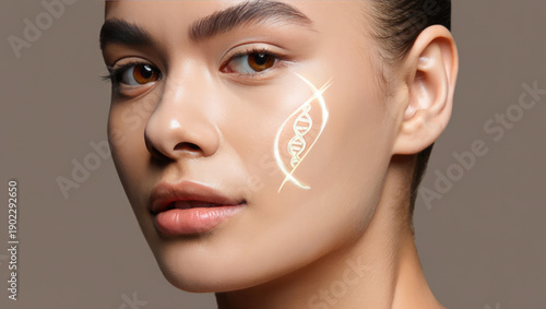 Young woman's face with DNA helix hologram on cheek, biotechnology and genetics concept, skincare and beauty innovation, suitable for cosmetic science and dermatology marketing, rejuvenation