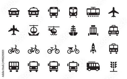 Extensive collection of black vector icons illustrating various modes of transportation from cars to airplanes