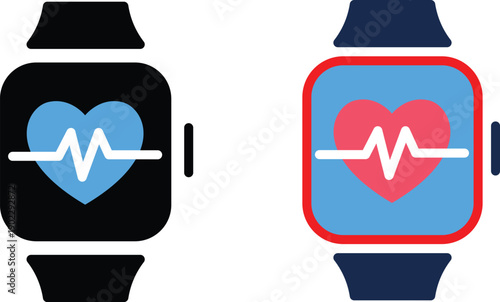 Fitness and health tracking color and silhouette illustration, smartwatch screen with heart symbol, perfect for wellness apps, active lifestyle and wearable tech visuals