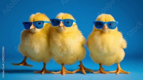 Three yellow chicks stand in a row on a bright blue background and wear blue sunglasses. A fun spring and Easter concept.	