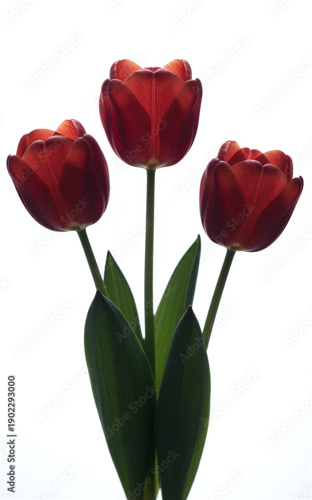 Fototapeta premium Three vibrant red tulips stand tall against a stark black background, green stems and leaves adding contrast.