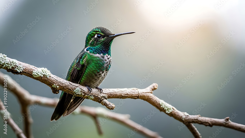 Obraz premium Green hummingbird perched on a lichen-covered branch