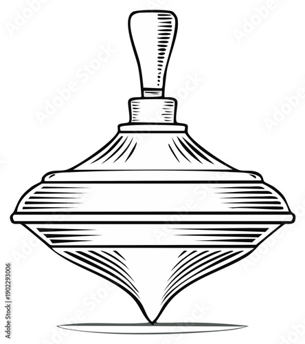 Classic wooden spinning top toy with handle isolated on white background in vintage illustration style