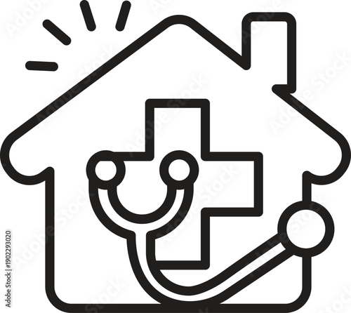Healthcare and assisted living line art, home sign with medical cross illustration, perfect for telemedicine, patient care at home and wellness visuals