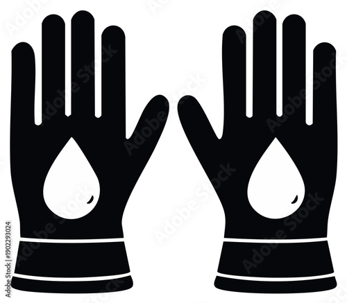 Black gloves with white water droplet symbols, protective gear illustration