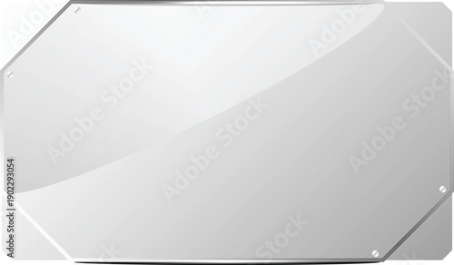 Futuristic transparent glass panel UI frame with metallic screws and glowing blue border on white background.