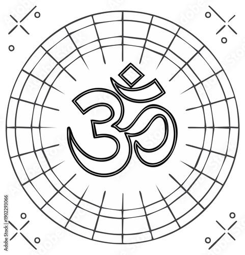 Om symbol in a circular frame with grid lines and decorative elements, spiritual icon isolated.