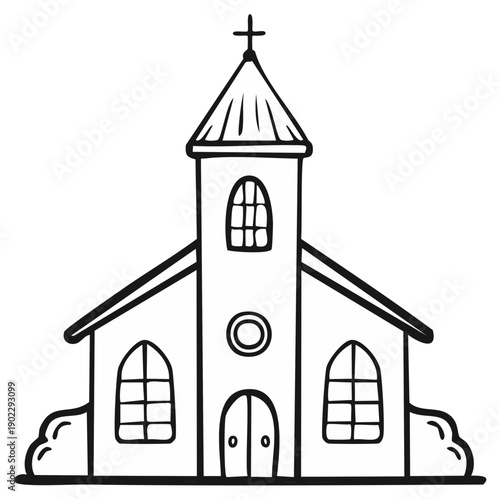 Hand-drawn Illustration of a Small Country Church with Cross on Top