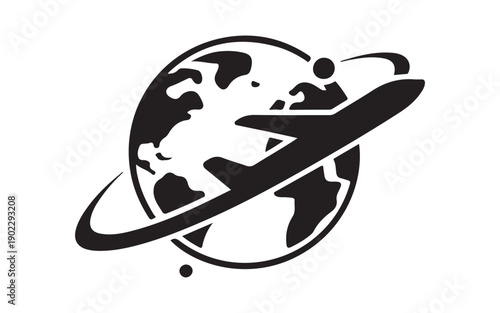 Airplane global travel concept with dotted orbit lines around planet earth showing aviation routes and exploration