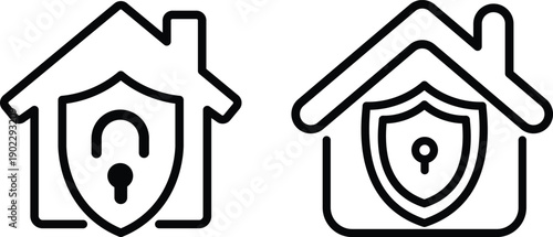 Home security line art symbol, smart home protection sign with shield and lock overlay, perfect for home automation, security system and safety illustrations