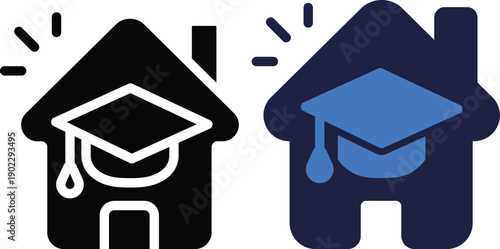 home sign combined with book or graduation cap color and silhouette symbol, perfect for remote learning, homeschooling, e-learning and education illustrations