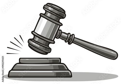 Gavel striking sound block. Courtroom symbol of judicial system and legislative authority. Justice decisions. Law judgments. Cartoon metallic object.