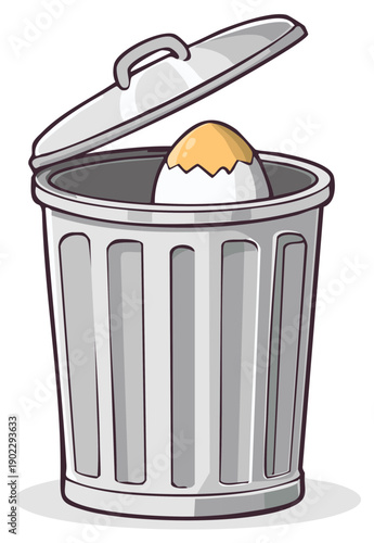 Cartoon illustration of a cracked eggshell inside a metal trash can, waste disposal.