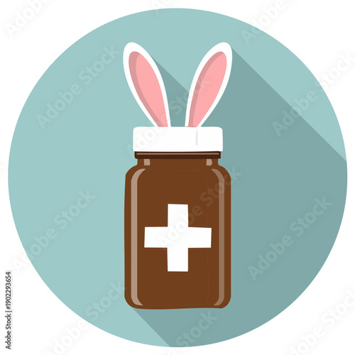Cruelty free medicine and cosmetics concept icon with rabbit ears on a pill bottle