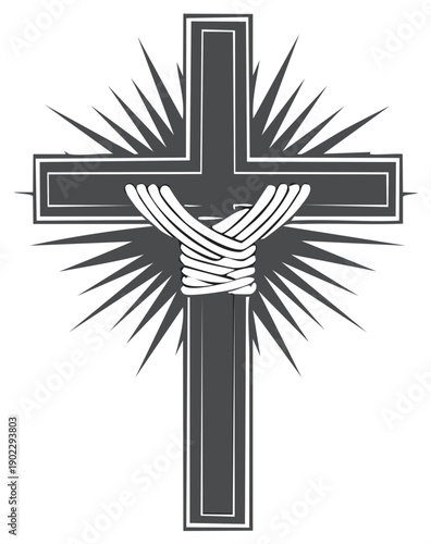 Solemn Cross with Crown of Thorns and Radiant Light, Christian Symbol of Sacrifice and Redemption