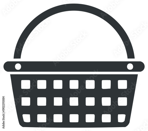 Simple dark gray shopping basket icon with a handle and square holes on a white background