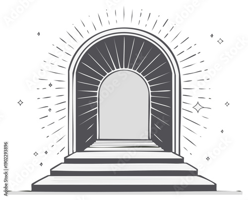Mysterious arched doorway with radiating light and stairs leading upwards to the unknown