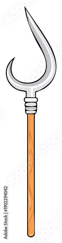 Illustration of a trident weapon with a silver head and wooden handle