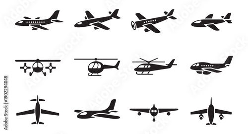 Aviation silhouette icons featuring various plane perspectives and helicopter styles for transport illustrations