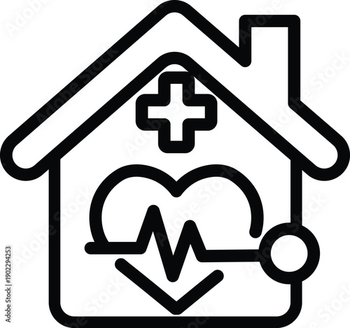 Telehealth and home medical service line art symbol, home sign combined with medical cross or heart, perfect for healthcare, online consultation and home care illustrations