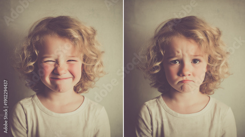 Split layout portrait of a young girl with curly hair, showing a joyful squinting smile on the left and a sad, pouting expression on the right.