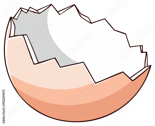 Cracked eggshell cartoon drawing symbolizing new life, fragility, or culinary ingredients