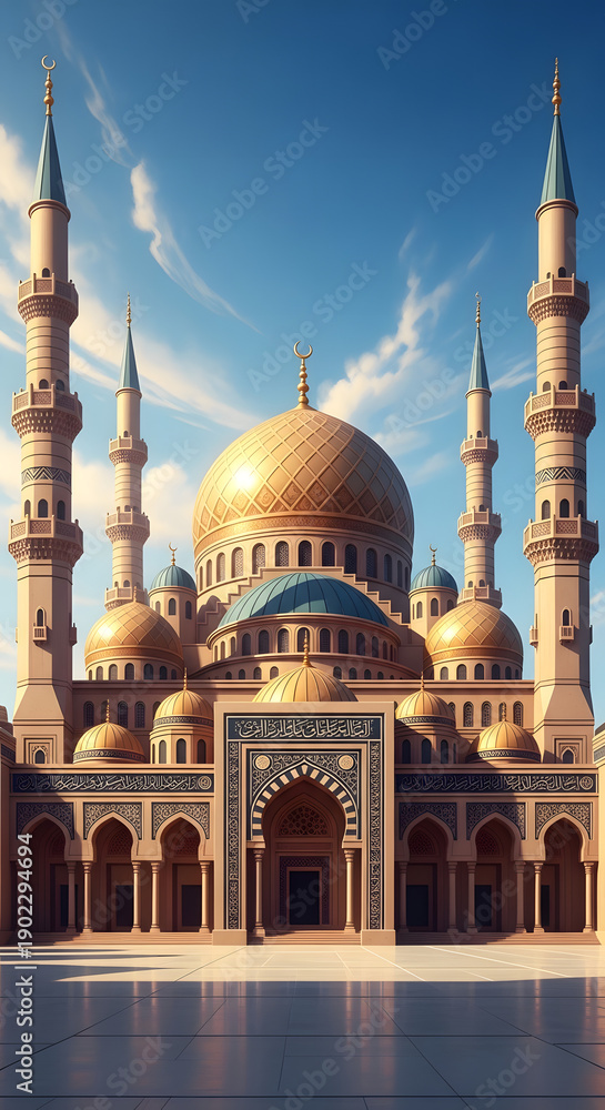 Obraz premium Majestic Golden Mosque Architecture under a Clear Blue Sky, a Symbol of Islamic Heritage and Grandeur