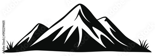 Black and white vector illustration of a mountain range with peaks and grass a minimalist natural landscape design