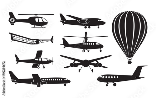 Set of black silhouettes of different air transport including airplanes, helicopters and hot air balloon