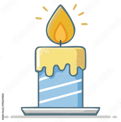 Burning Decorative Candle with Yellow Wax and Blue Stripes on Plate Design Illustration