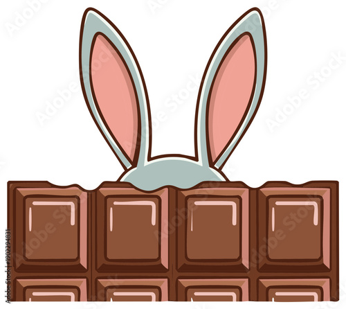 Cartoon illustration of a chocolate bar with bunny ears peeking over the top
