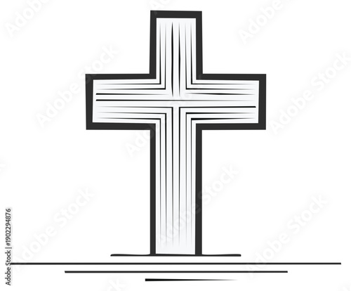 Christian cross symbol drawing, religion, faith, spirituality, and hope representation in black and white. Isolated illustration for church.