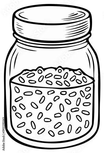 Drawn jar of rice or grains in a black and white linear style