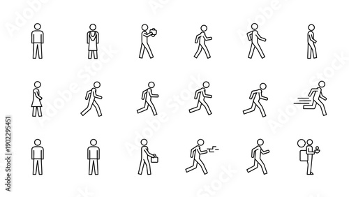 Set of human figures depicting various activities and postures in outline