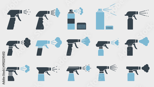 Sprayer illustrations vector set of cleaning or applying liquid spray bottles