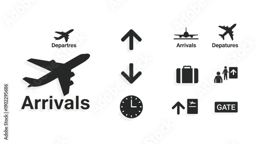 Airport icons arrivals departures time and navigation symbols
