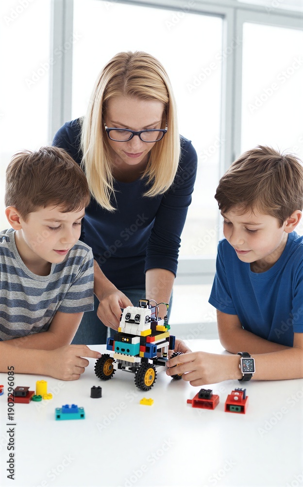 Fototapeta premium Mother and two kids build colorful robot together at home, focused and creative.