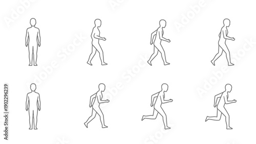 Illustrated sequence of human figure walking and running against white background