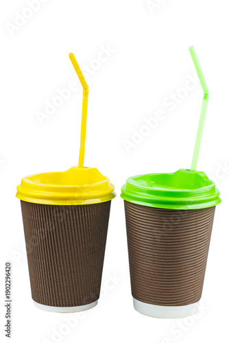 Pair plastic cups with straw of coffee isolated on white background