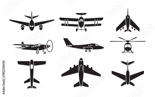Collection of black plane silhouettes including side views and front profiles of modern and old aircrafts