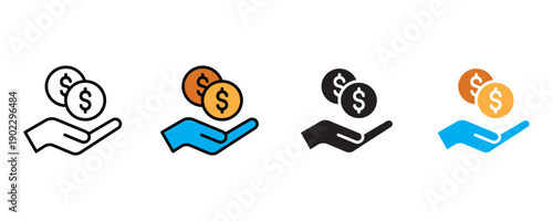 Hand holding dollar coins icon vector. Cashback reward and financial savings banking symbol. Vector illustration.