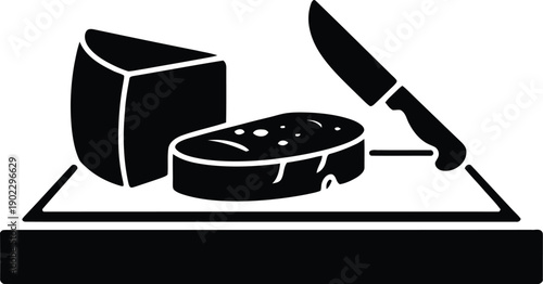 A cheese platter with a knife and two wedges of cheese ready to be sliced

