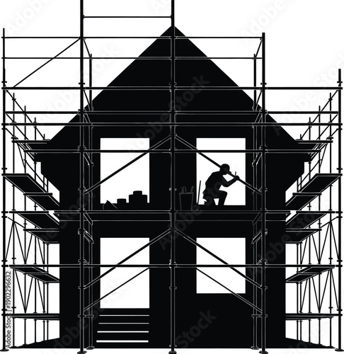 Silhouette of a stage under construction with scaffolding and workers inside


